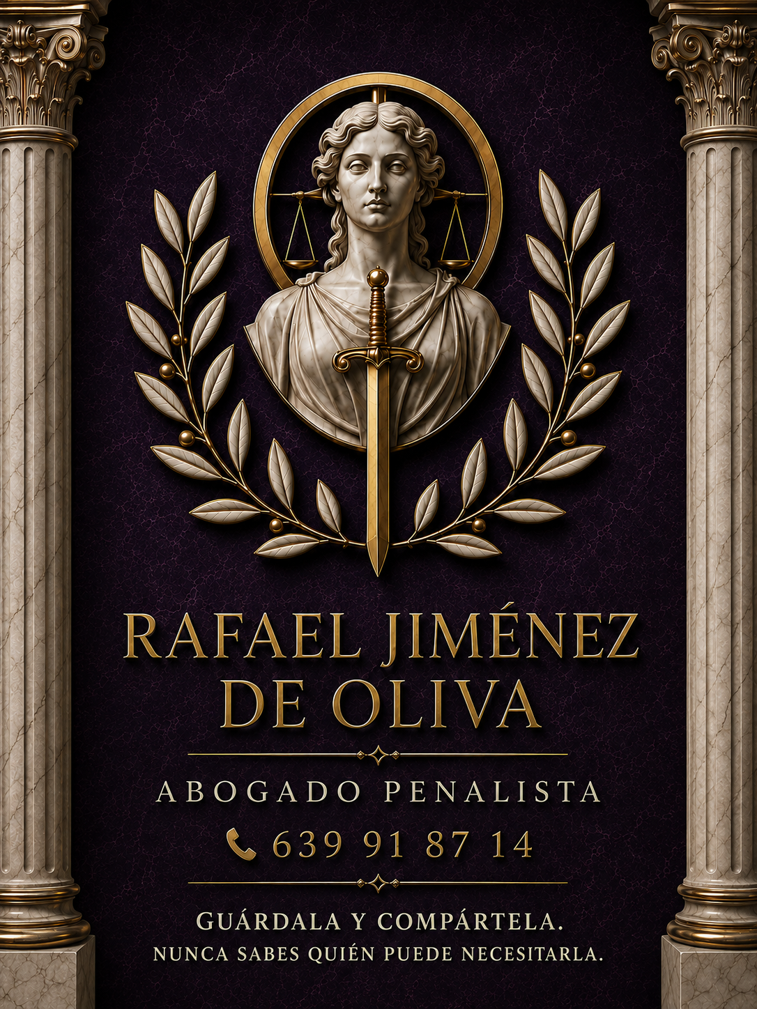 Tarjeta profesional vertical de Rafael Jiménez de Oliva, abogado penalista